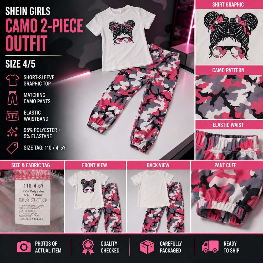 SHEIN Girls  2-Piece Outfit Short-Sleeve Graphic Top & Pink Camo Pants Size 4/5